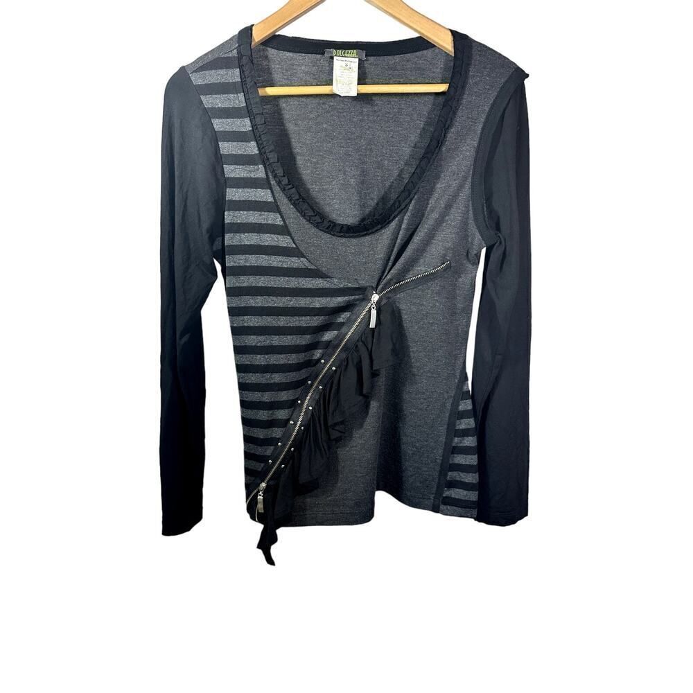 DOLCEZZA Women's Mixed Media Assymetric Zip Long Sleeve Top Gray Size Small